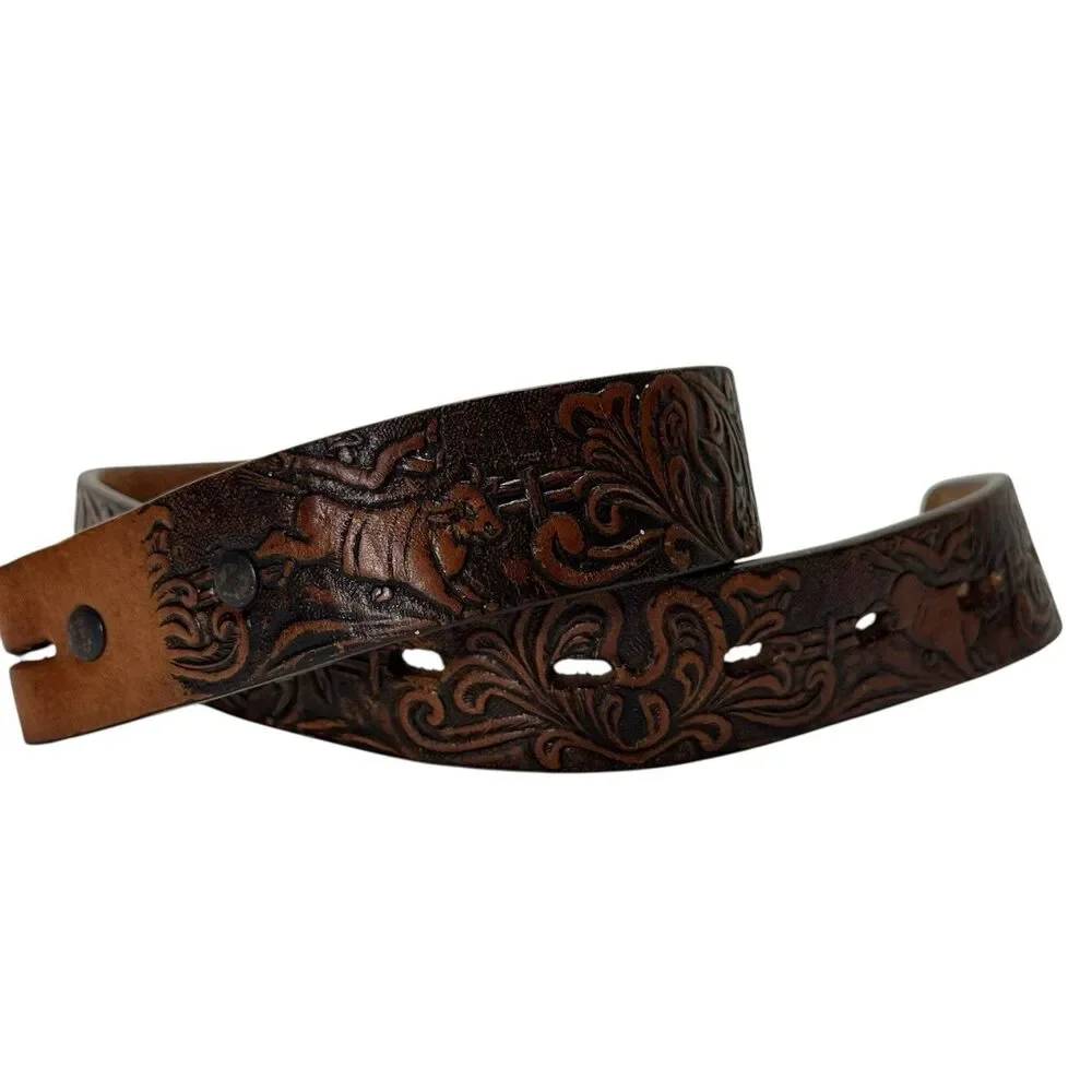 3D Leather Tooled Bucking Bronco Bull Roping Cowboy Western Belt
